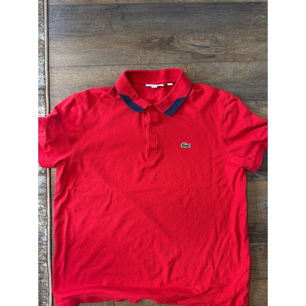 Lacoste Mens Regular Fit Red Polo Shirt Navy Trim Logo Cotton Pique US XL FR 6